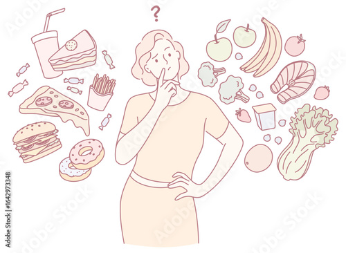 A thoughtful woman is deeply contemplating her choices between healthy food options and indulgent treats
