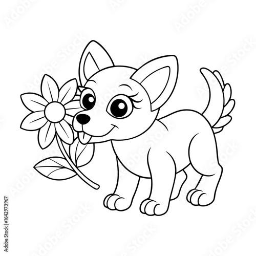 black outline printable puppy sniffing flower