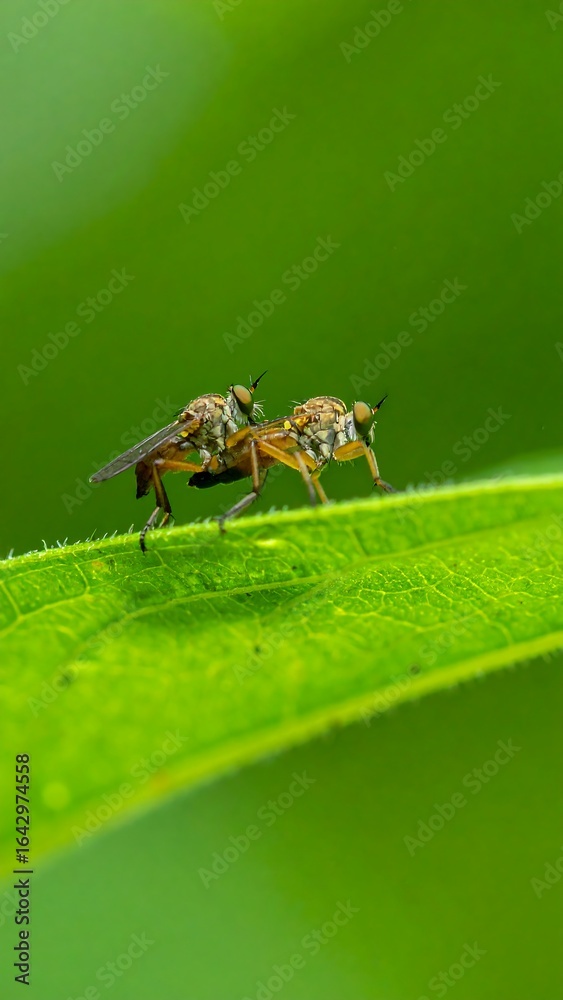 Fototapeta premium Two flies on a leaf