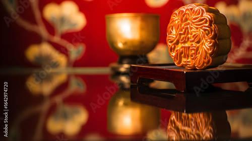 Traditional mooncake with floral patterns, placed on a lacquered tray with warm candlelight.