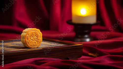 Traditional mooncake with floral patterns, placed on a lacquered tray with warm candlelight.