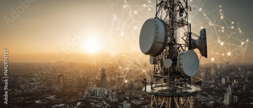 The telecommunications tower standing tall against a vibrant sunrise over the city.