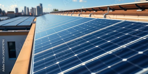 Close-up of modern building rooftop, showcasing solar panels  Clean energy, sustainability,  architecture,  alternative energy