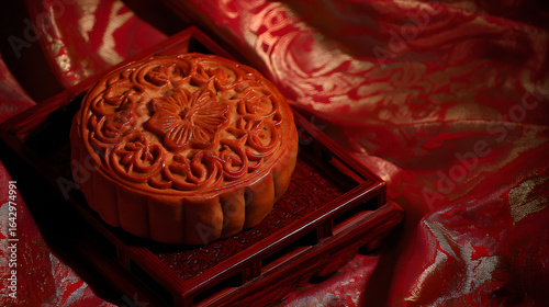 Traditional mooncake with floral patterns, placed on a lacquered tray with warm candlelight.