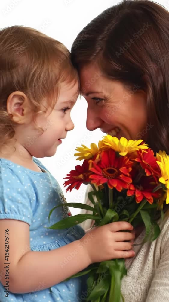 Young caucasian mother embraces her toddler daughter holding vibrant red and yellow flowers, their foreheads touching in a tender close-up, soft studio lighting on pristine white background, intimate Young caucasian mother embraces her toddler daughter holding vibrant red and yellow flowers, their foreheads touching in a tender close-up, soft studio lighting on pristine white background, intimate