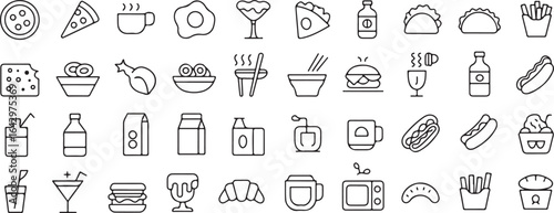 Various food and drink icons in a minimalist line art style suitable for restaurant menus and online food ordering applications showcasing a wide variety of options