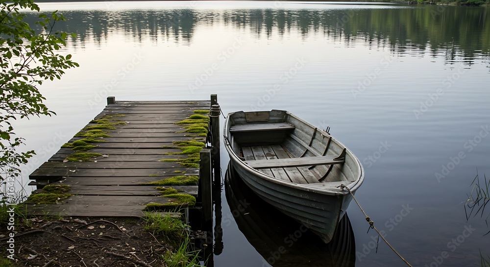 Obraz premium Wooden Dock with Moss and Rowboat on Calm Lake