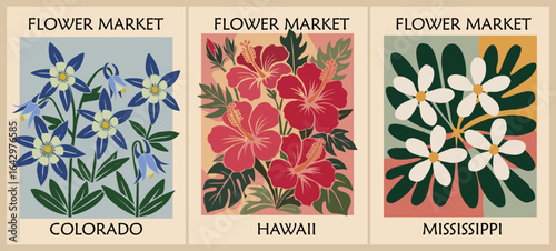 Set of retro Flower Market posters with USA state flowers, Hawaii Red Hibiscus, Mississippi White jasmine, Colorado Blue columbine. Vintage wall art collection. Flat vector art illustrations