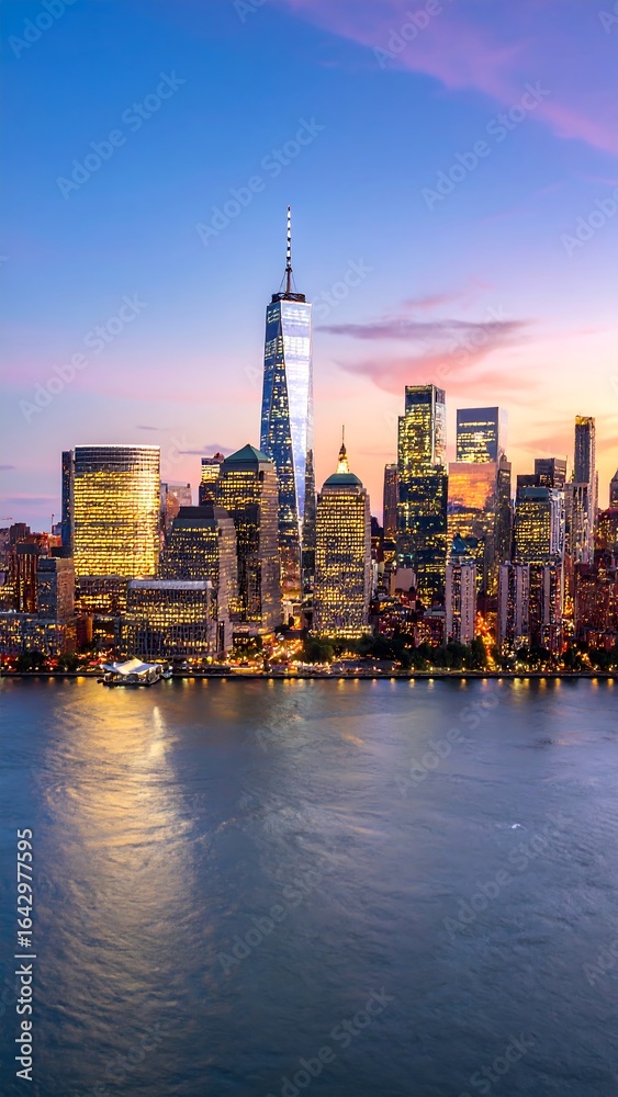 Fototapeta premium City skyline at dusk, reflecting on calm water