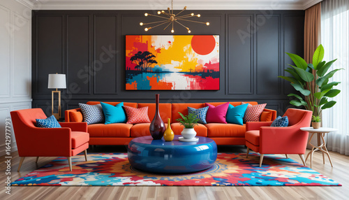 Vibrant Modern Living Room with Orange Velvet Sofa, Red Armchairs, Bold Abstract Painting, and Colorful Rug