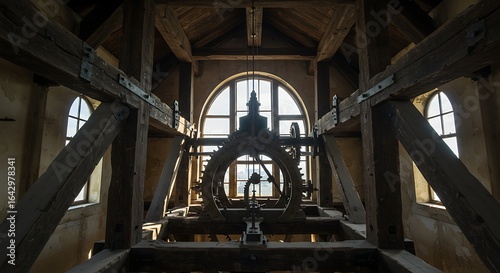 Intricate wooden mechanism of an ancient tower clock inside a historic belfry with exposed beams and an arched window