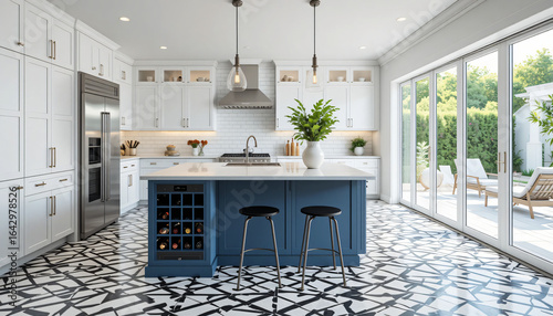 Bright Modern Farmhouse Kitchen with White and Blue Cabinets, Island with Wine Fridge, Glass Doors to Patio