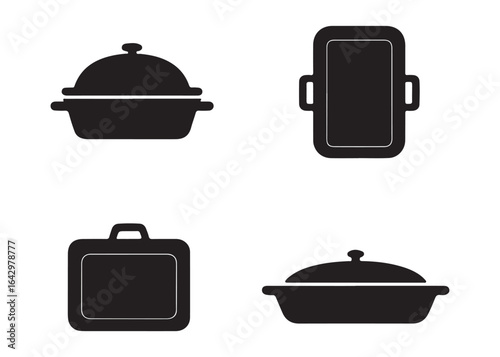 Simple Black Silhouettes:  Four Cooking Dishes, Baking Pan, Lidded Pots,  Kitchen Utensil Icons.