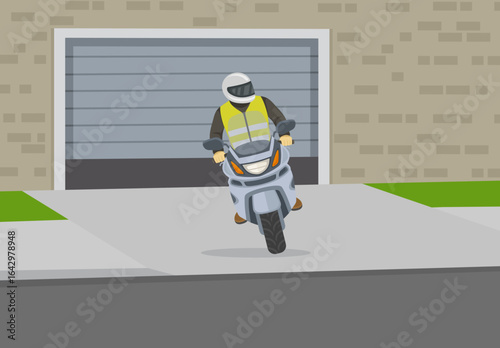 Front view of a bike rider leaving the garage. Motorcyclist looks left. Flat vector illustration template.