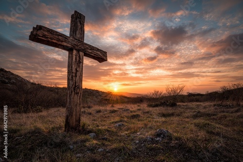 Old Rugged Cross. Symbol of Religion at Sunset with Jesus Christ