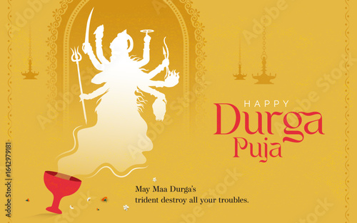 Happy Durga Puja Template Design with Goddess Durga Silhouette Illustration