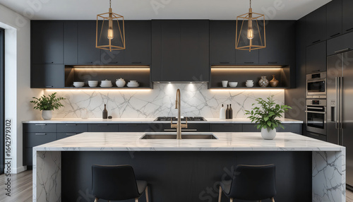 Sleek Modern Kitchen with Black Cabinets, White Marble Countertop, Gold Accents, and Integrated Lighting