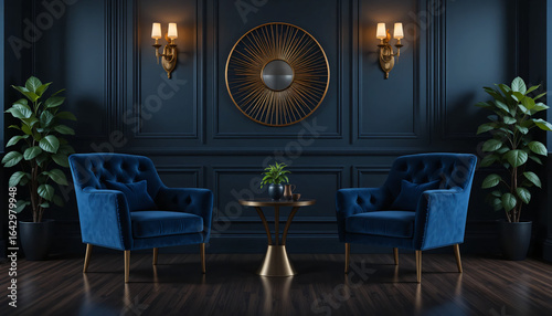 Luxurious Dark Blue Living Room with Tufted Velvet Armchairs, Gold Sconces, Circular Wall Decor, and Vertical Panel Walls