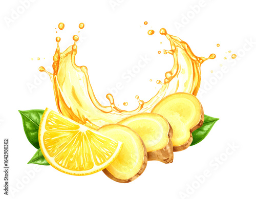 Lemon and ginger splash with leaves. Isolated transparent background