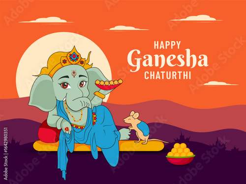 Happy Ganesha Chaturthi background design with cute lord ganesha, mushak  and ladoo vector illustration poster and banner design.