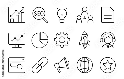 Minimalist line icons: seo, analytics, teamwork, and digital marketing essentials
