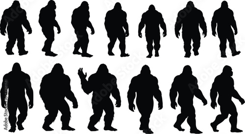 Bigfoot silhouette collection with walking and standing poses, cryptid creature vector illustration for mystery, folklore, horror design and decoration