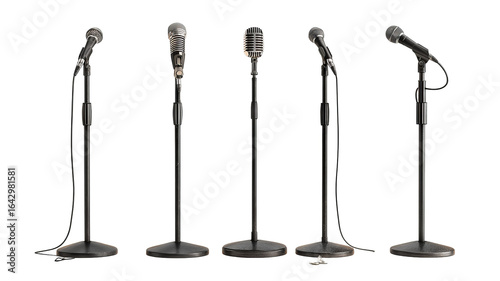 Set of adjustable microphone stands — studio-quality boom and tripod mounts isolated on transparent background, high-resolution cutout for podcasting, music recording, live streaming