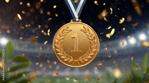 gold medal with number one for 1st place laurel wreath on festive background sport stadium with confetti, design trophy, Golden symbol of winner, celebration, sport competition, champion games

