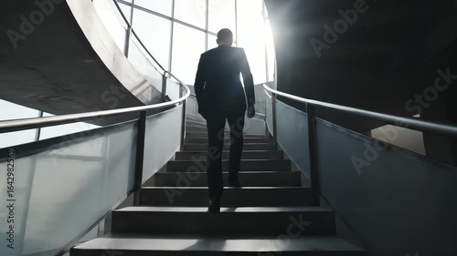 Ambitious businessman climbing stairs towards success and a bright future