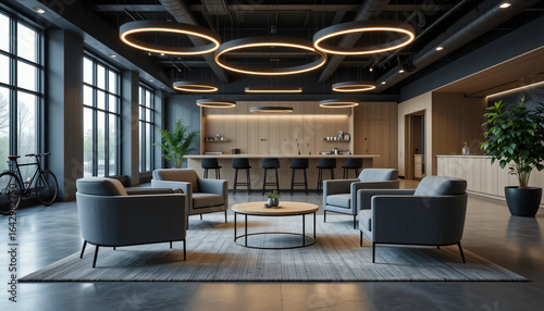 Modern Office Lounge with Circular LED Lights, Gray Armchairs, and Concrete Floor, Professional Interior Design