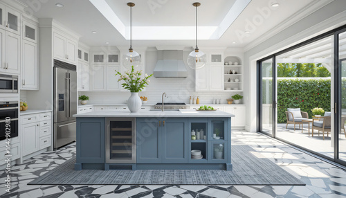 Modern Transitional Kitchen with Blue-Gray Island, White Cabinets, Black-and-White Tile, and Sunny Patio View