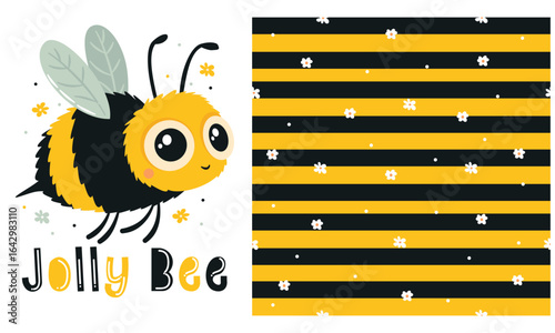 A set of vector templates for printing on children's products. A cute bee on a white background and a seamless vector pattern with stripes and daisies. Vector illustrations. Vector illustration