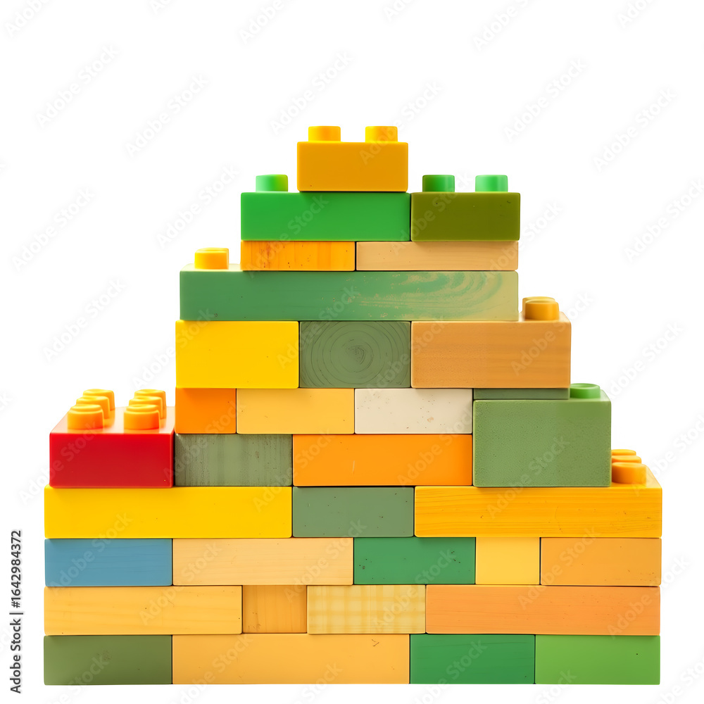 Fototapeta premium A colorful tower built from building blocks showcasing various shapes and sizes isolated on transparent background