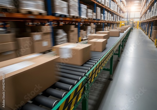 Parcels with motion blur moving rapidly on a conveyor belt through a large, modern warehouse aisle.