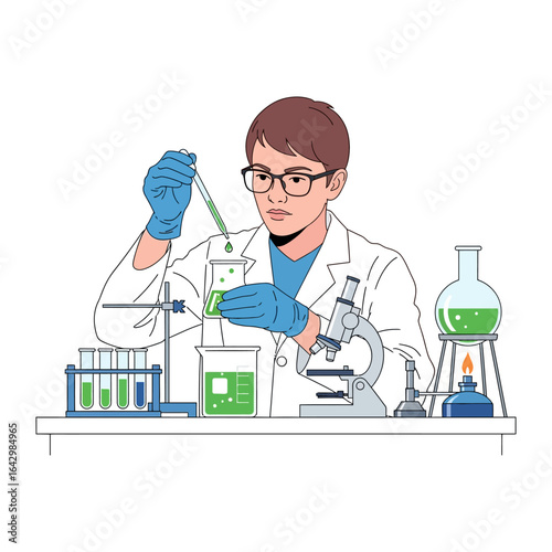 The Alchemist's Focus: A scientist, absorbed in a focused experiment, diligently works in the sterile environment of a lab. With meticulous detail, they execute the procedures.