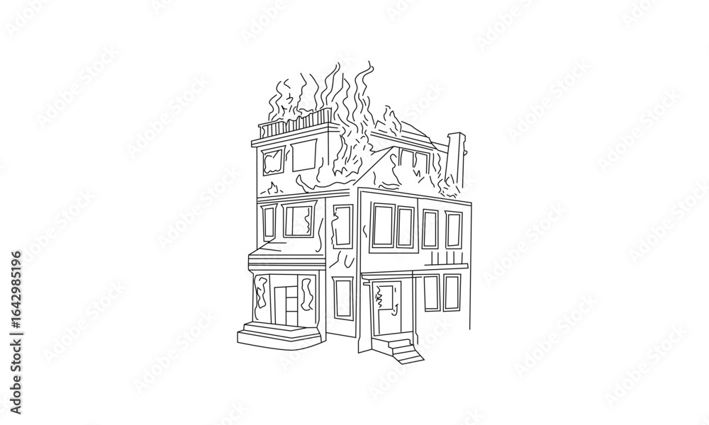 Fototapeta premium House on Fire – Dramatic Line Drawing Illustration of a Burning Building