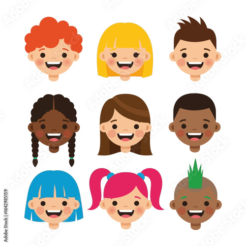 Childhood Delight: A joyful collection of cartoon child faces, each with a unique hair, beaming with happiness. A celebration of innocence and diversity.