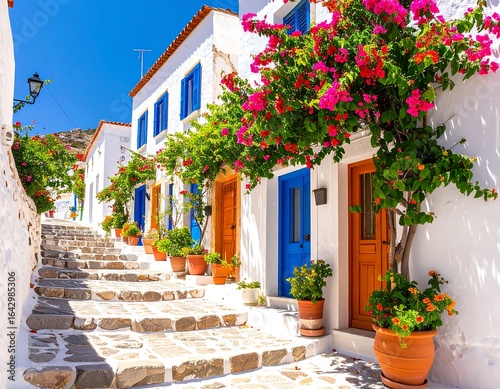 Fototapeta Naklejka Na Ścianę i Meble -  Whitewashed streets with vibrant flowers