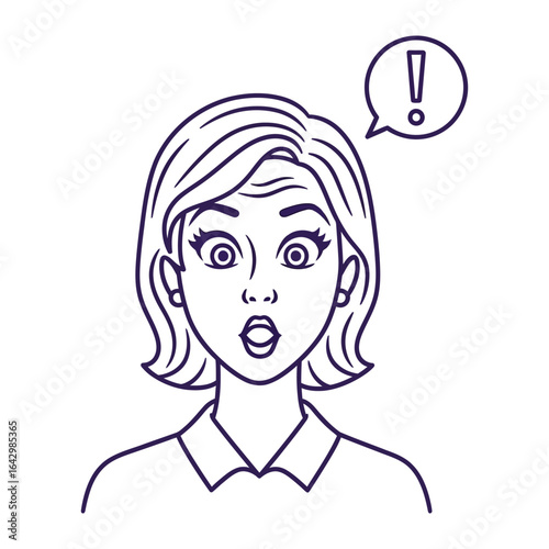 Amazed Woman with Exclamation: A black and white sketch showcases a woman with a look of astonishment and surprise, an exclamation mark above her head to indicate a thought or idea.