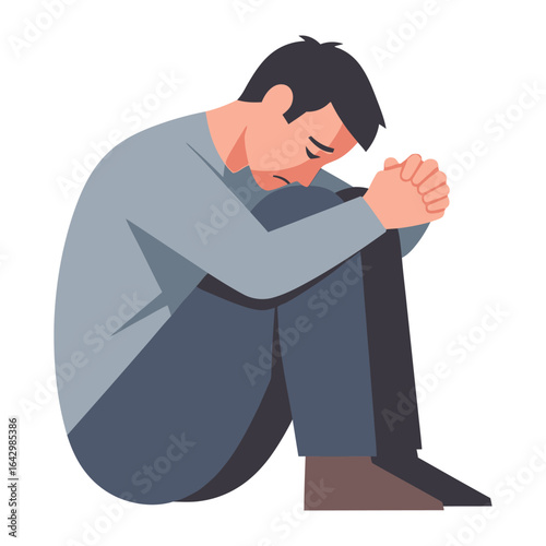 Emotions of Isolation: An artistic illustration of a man expresses a deep sense of desolation, reflecting on feelings of solitude and introspection. The figure's posture.