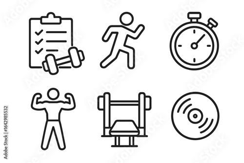 Fitness icons: dumbbell, running, stopwatch, muscle, weight bench, barbell