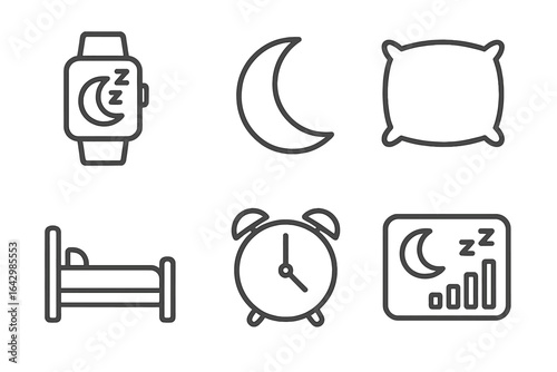 Sleep and nighttime icon set featuring moon, pillow, and alarm clock