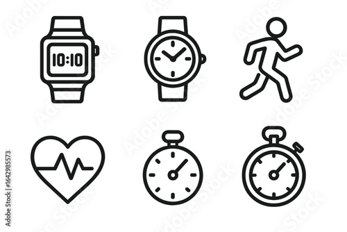 Fitness icons collection: smartwatch, analog watch, running, heartbeat, stopwatch
