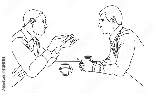 Minimalist Line Art of Two People Talking Over Coffee – Conversation and Connection Illustration