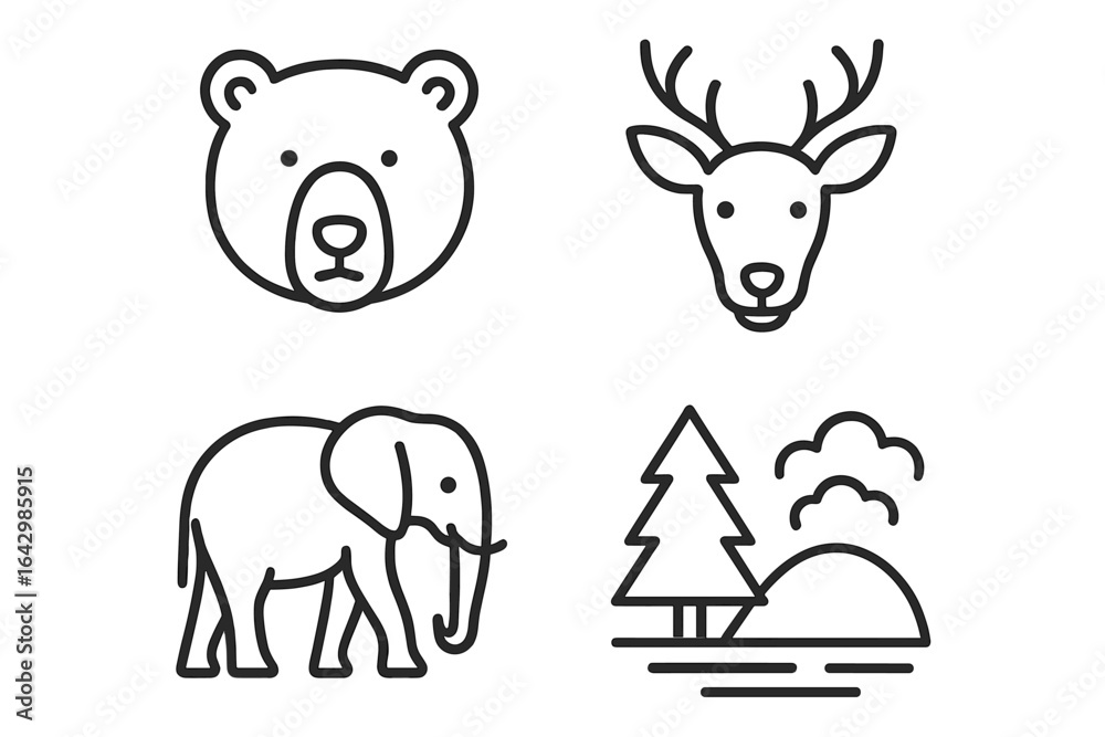 Obraz premium Outlined animal icons: bear, deer, elephant, landscape illustrations