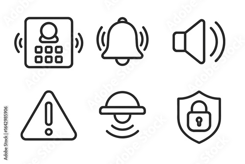 Icon set: security, alert, bell, surveillance, and audio symbols in black and white
