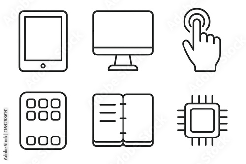 Line icons set: tablet, monitor, touch, calculator, book, chip