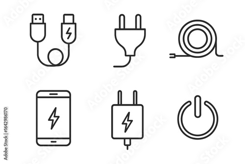 Set of electrical icons: usb cable, plug, smartphone, power button, charger, wire