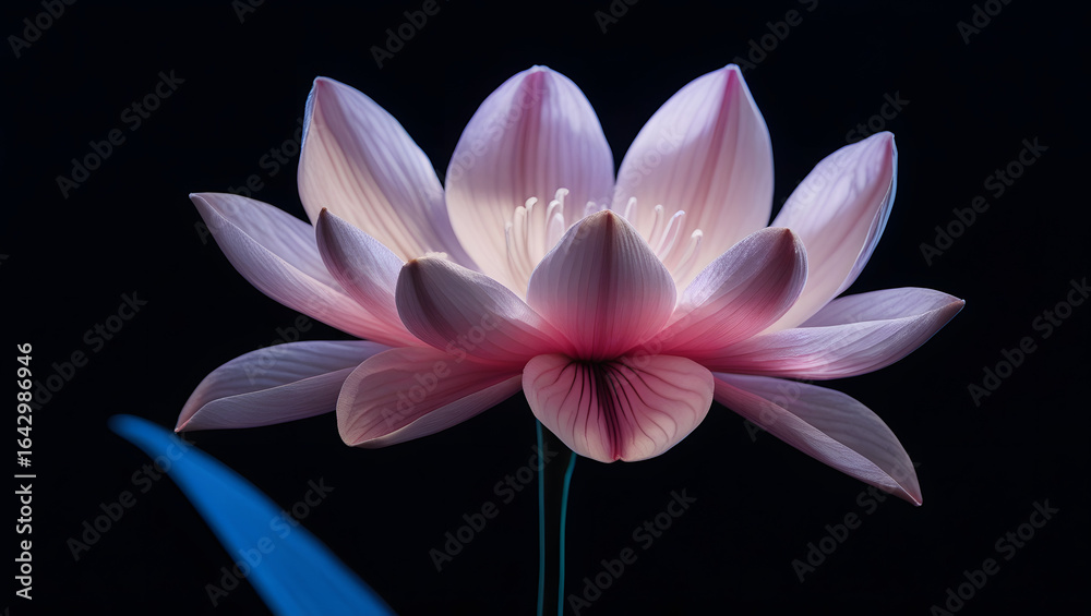Fototapeta premium A cinematic close-up of a large, delicate purple flower with soft petals and intricate details, set against a deep black background, captured with dramatic high-contrast lighting and shallow depth of 