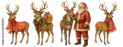 Vector freehand watercolor set of Christmas reindeer in red scarves, patterned sweaters, festive wreaths. For holiday xmas watercolour cards, seasonal decor, cozy winter illustrations with deer.